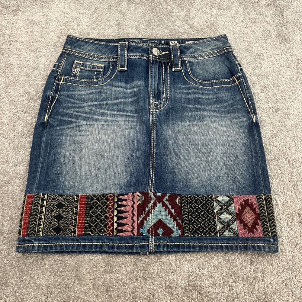 Miss Me Skirt Womens 26 Y2K Mini High Rise Tapestry Hem Boho Denim Blue